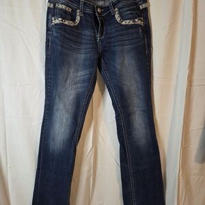 Grace In LA Dark Blue Distressed Boot Cut Jeans Embellished Pockets Size 31
